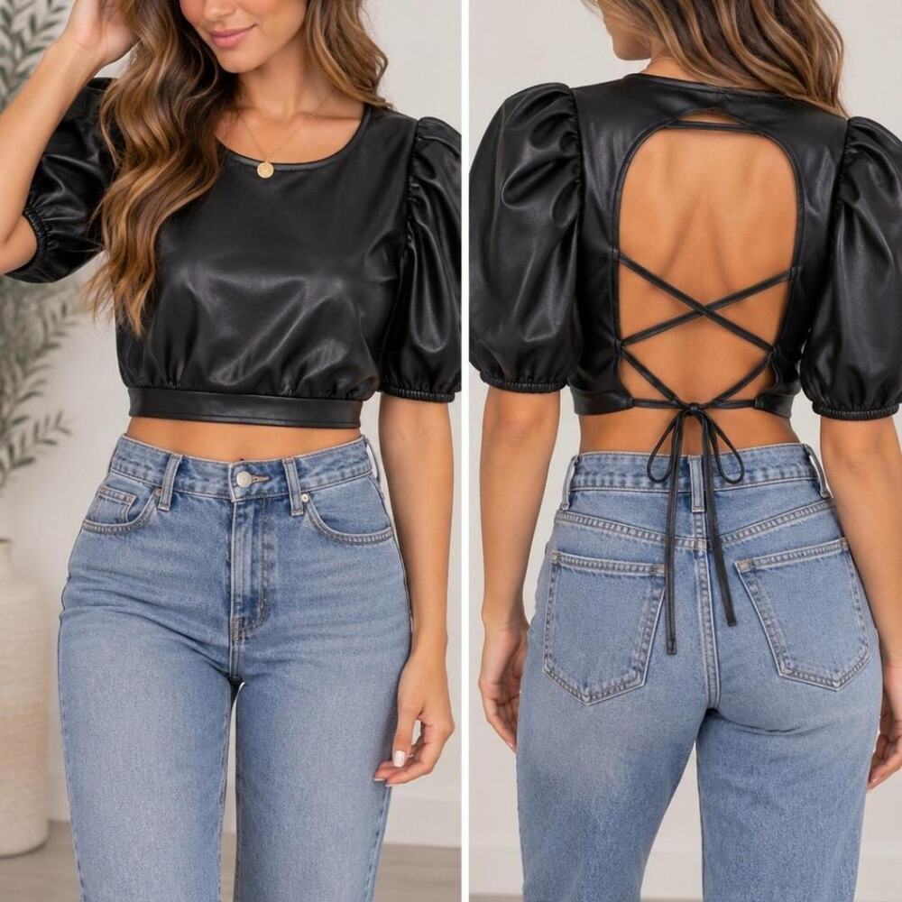 Hm black faux leather crop